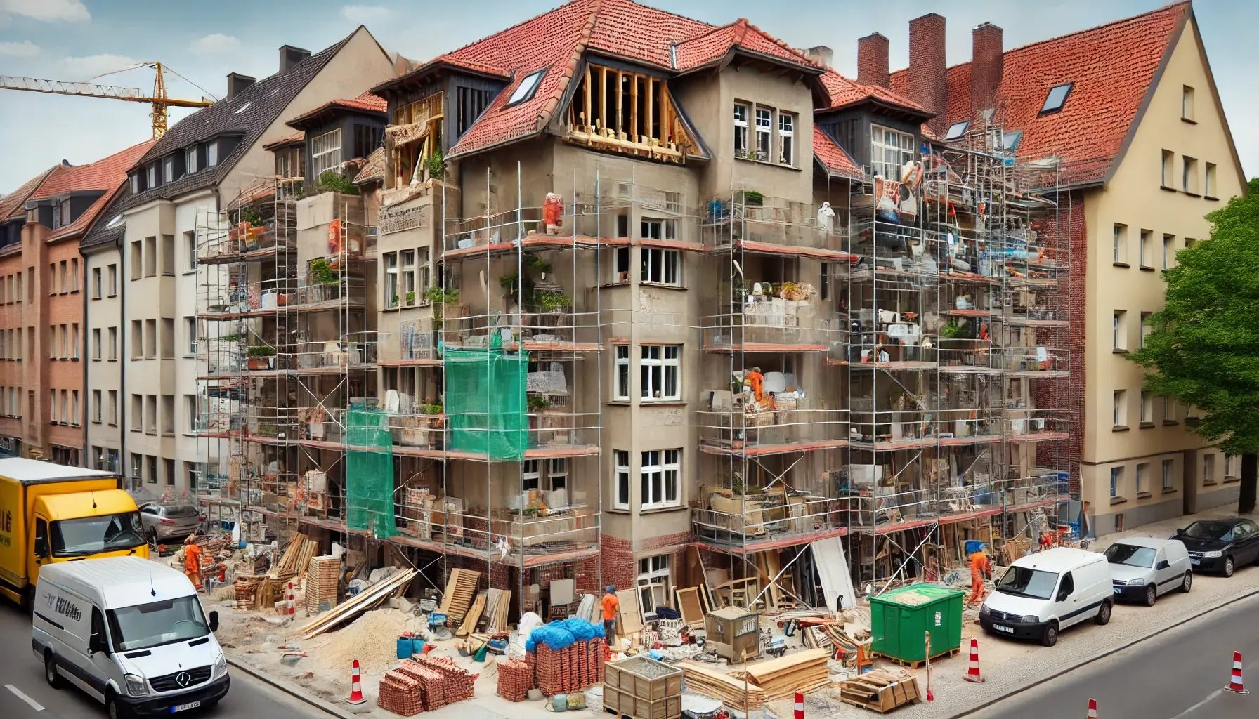 DALL·E 2024-09-14 18.37.55 - A German multi-family home undergoing remodeling. The building is a traditional structure with a mix of brick and stucco exterior. Scaffolding surroun DALL·E 2024-09-14 18.37.55 - A German multi-family home undergoing remodeling. The building is a traditional structure with a mix of brick and stucco exterior. Scaffolding surroun